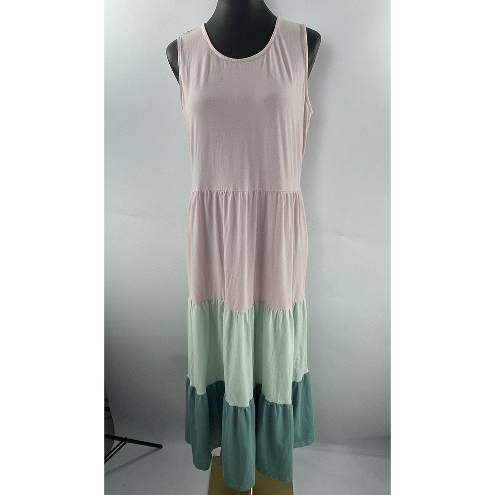 Lands' End Tiered Colorblock Cotton Blend Sleeveless Maxi Dress Medium 10/12